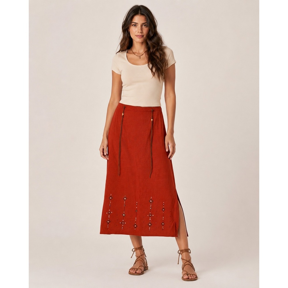 Vintage Requirements Maxi Skirt Womens Medium Orange Linen Boho Western Beaded‎